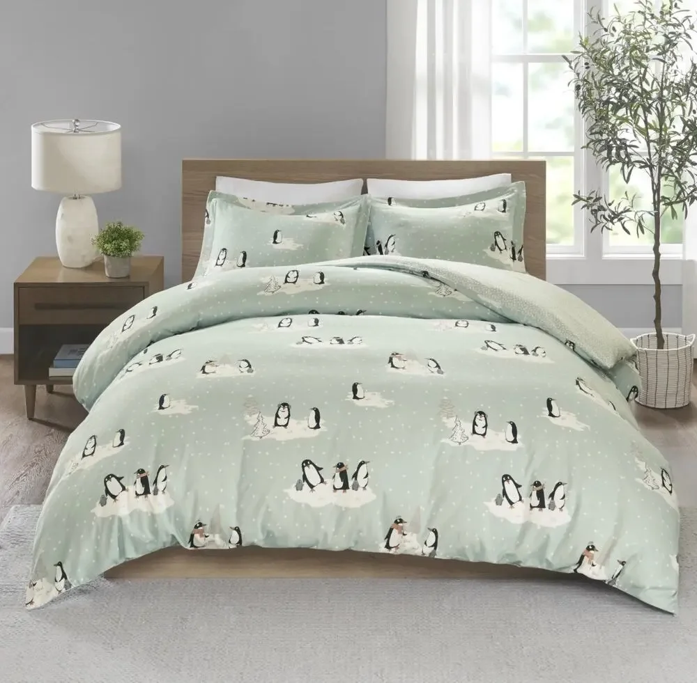 True North Playful Holiday Winter Penguins Mint Green Cotton Flannel Duvet Set